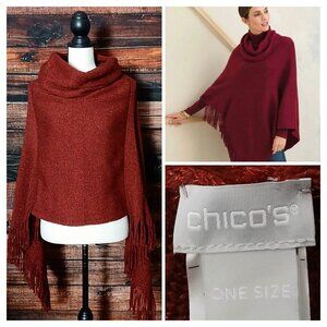Chicos Poncho One Size Burgundy Wine Shimmer Cowl Neck Cape Sweater Fringe